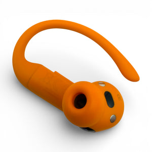 Right replacement Powerbeats Pro 2 earbud in orange, side view with ear tip attached