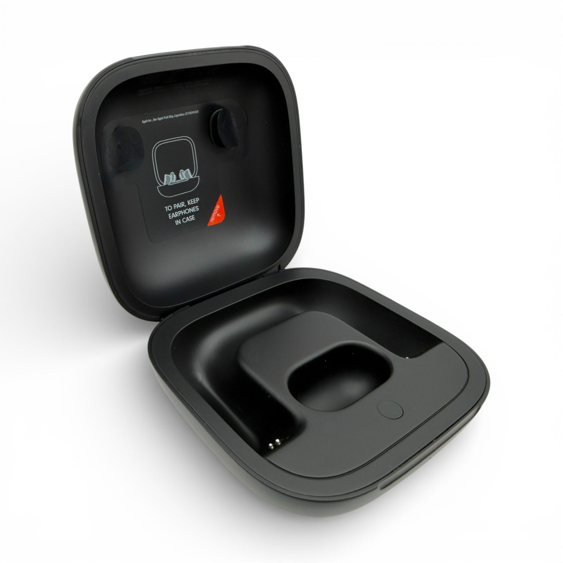 Powerbeats Pro charging case in black, open showing earbud slots and charging pins