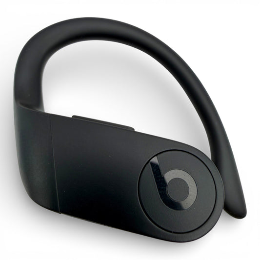 Left replacement Powerbeats Pro earbud in black, back view showing the ear hook and Beats logo