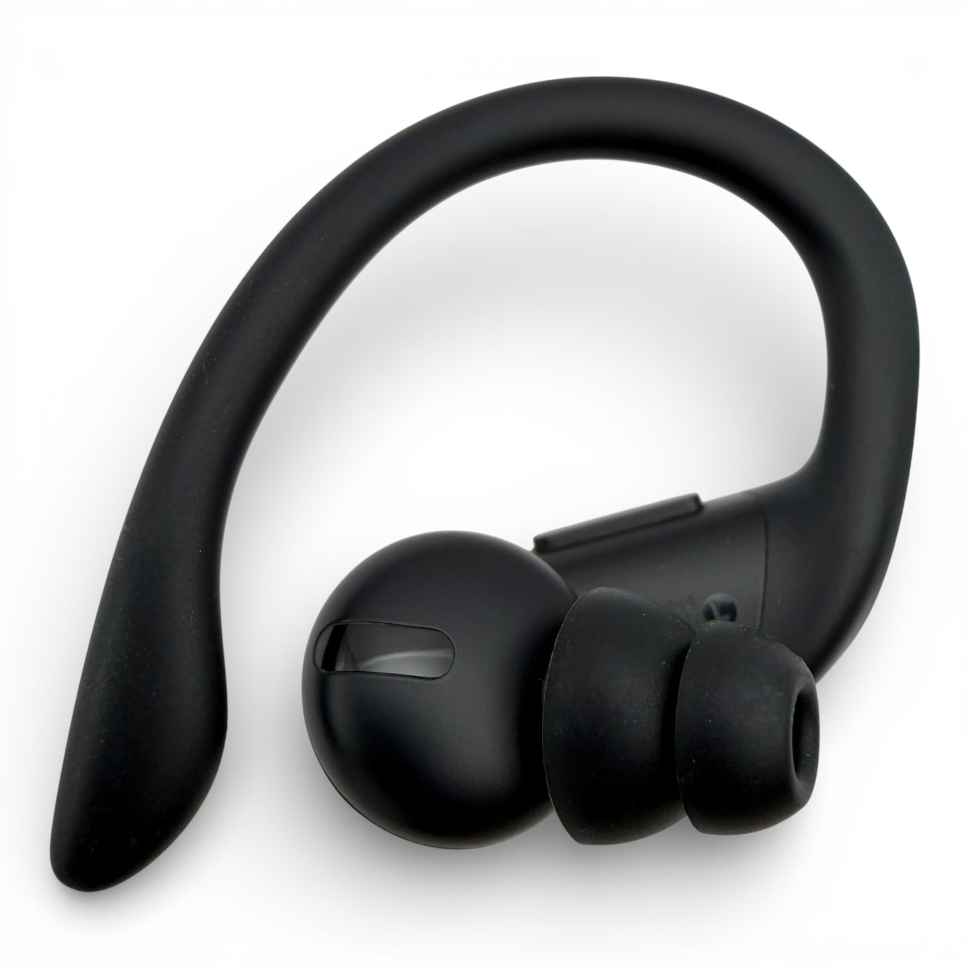 Left replacement Powerbeats Pro earbud in black, front view showing the ear tip and speaker grille