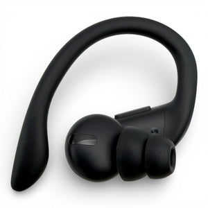 Left replacement Powerbeats Pro earbud in black, front view showing the ear tip and speaker grille