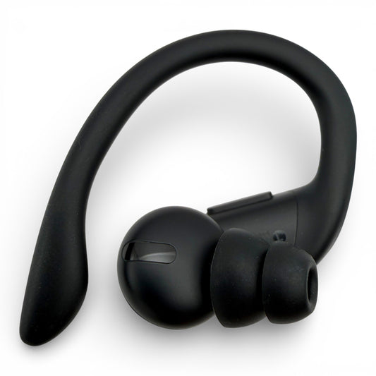 Left replacement Powerbeats Pro earbud in black, front view showing the ear tip and speaker grille