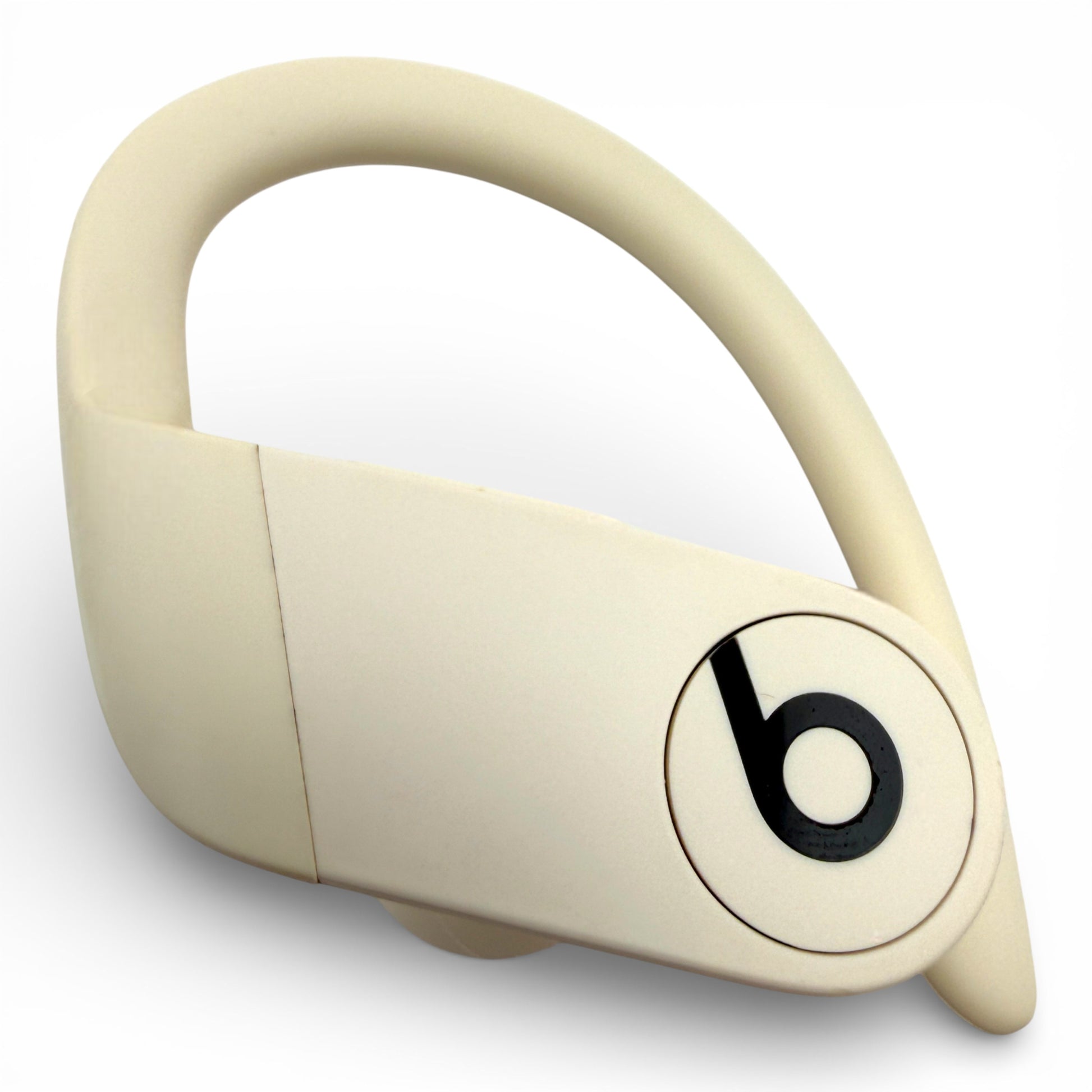 Left replacement Powerbeats Pro earbud in white, back view showing the ear hook and Beats logo