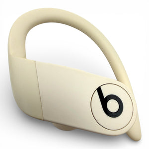 Left replacement Powerbeats Pro earbud in white, back view showing the ear hook and Beats logo