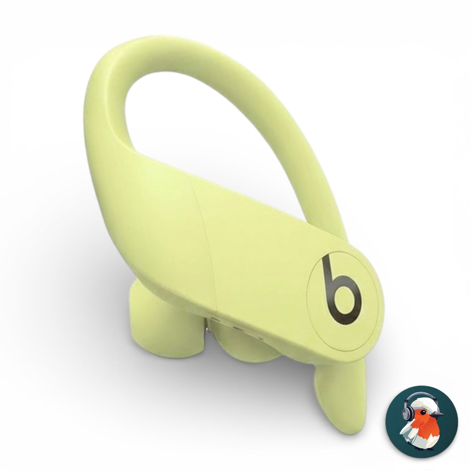 Left replacement Powerbeats Pro earbud in yellow, front view showing the ear tip and ear hook
