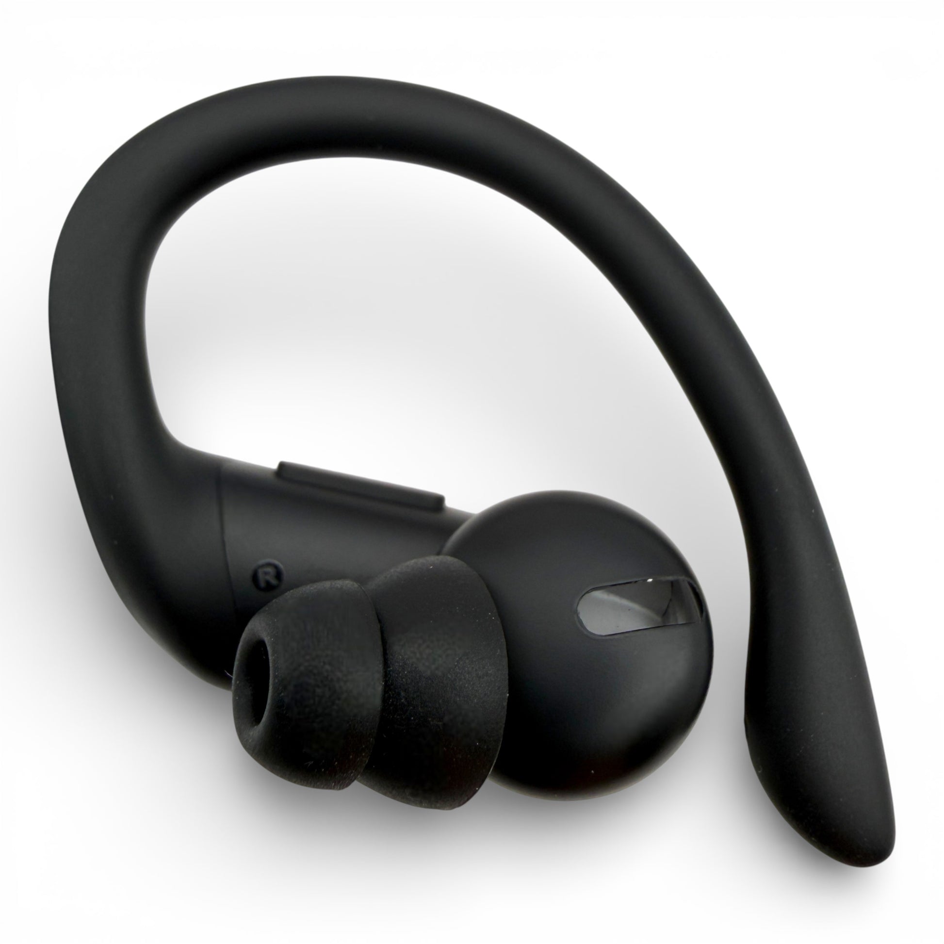 Right replacement Powerbeats Pro earbud in black, side view with ear tip attached