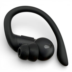 Right replacement Powerbeats Pro earbud in black, side view with ear tip attached