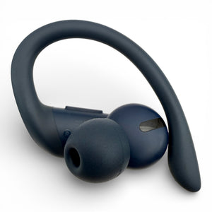 Right replacement Powerbeats Pro earbud in blue, side view with ear tip attached