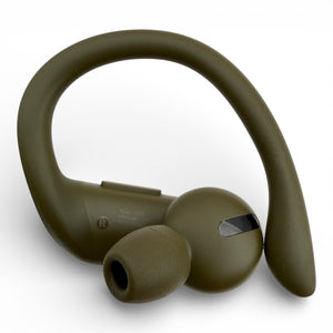 Right replacement Powerbeats Pro earbud in green, side view with ear tip attached