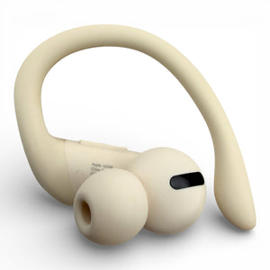 Right replacement Powerbeats Pro earbud in white, side view with ear tip attached