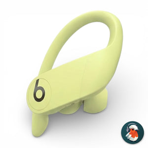 Right replacement Powerbeats Pro earbud in yellow, front view showing the Beats logo and ear hook