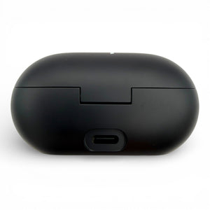 Beats Solo Buds charging case in black, back view showing the USB-C charging port