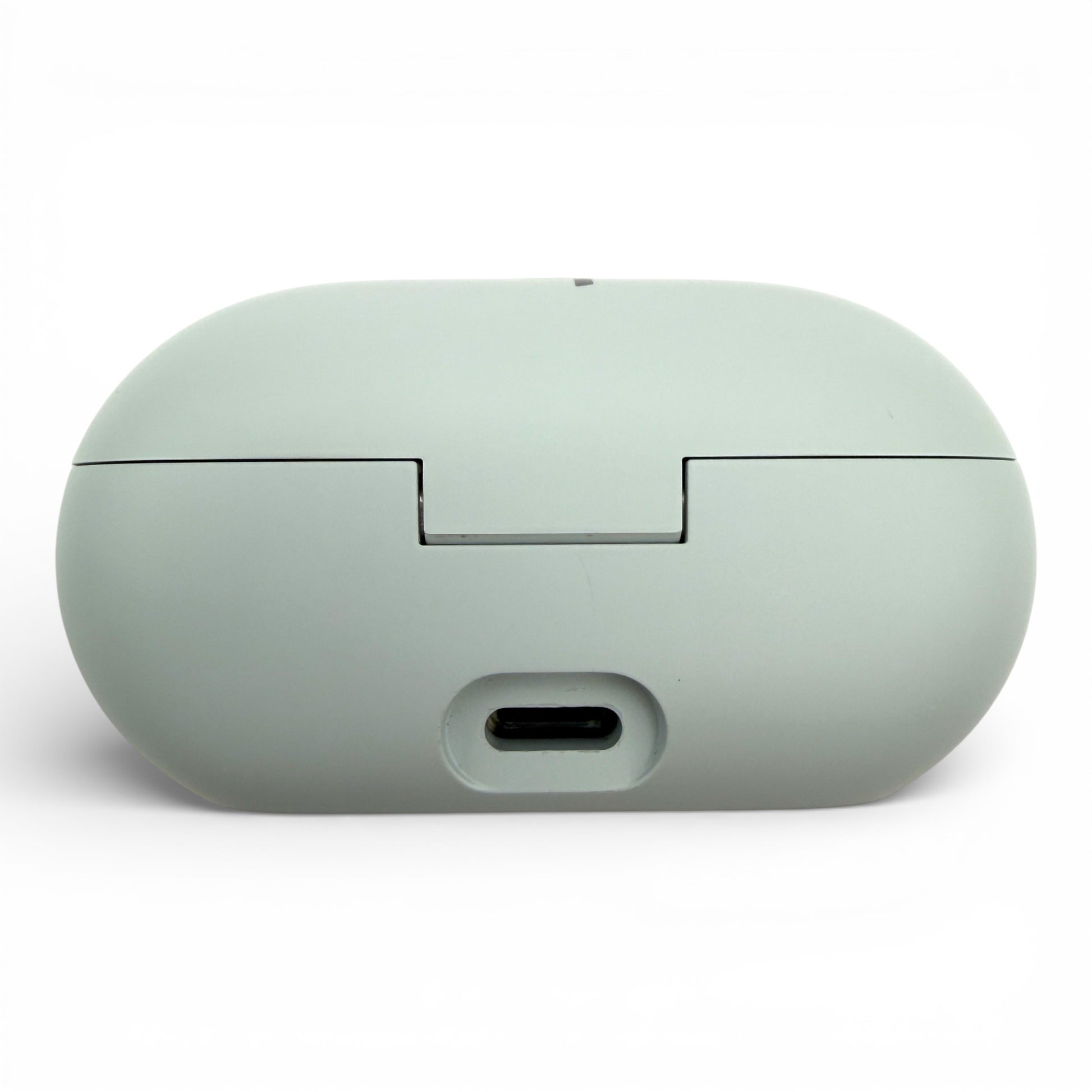 Beats Solo Buds charging case in gray, back view showing the USB-C charging port