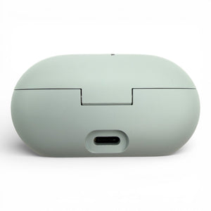 Beats Solo Buds charging case in gray, back view showing the USB-C charging port