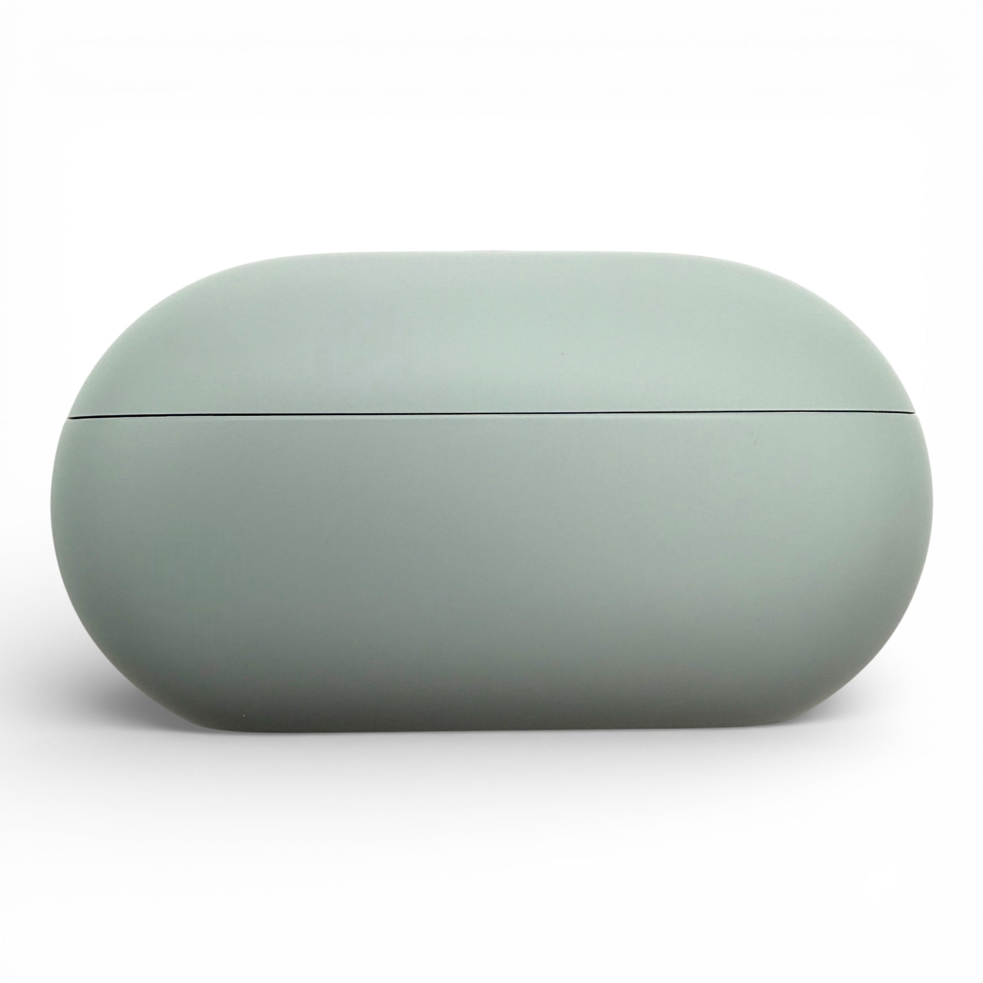 Beats Solo Buds charging case in gray, side view of the closed case showing the seam