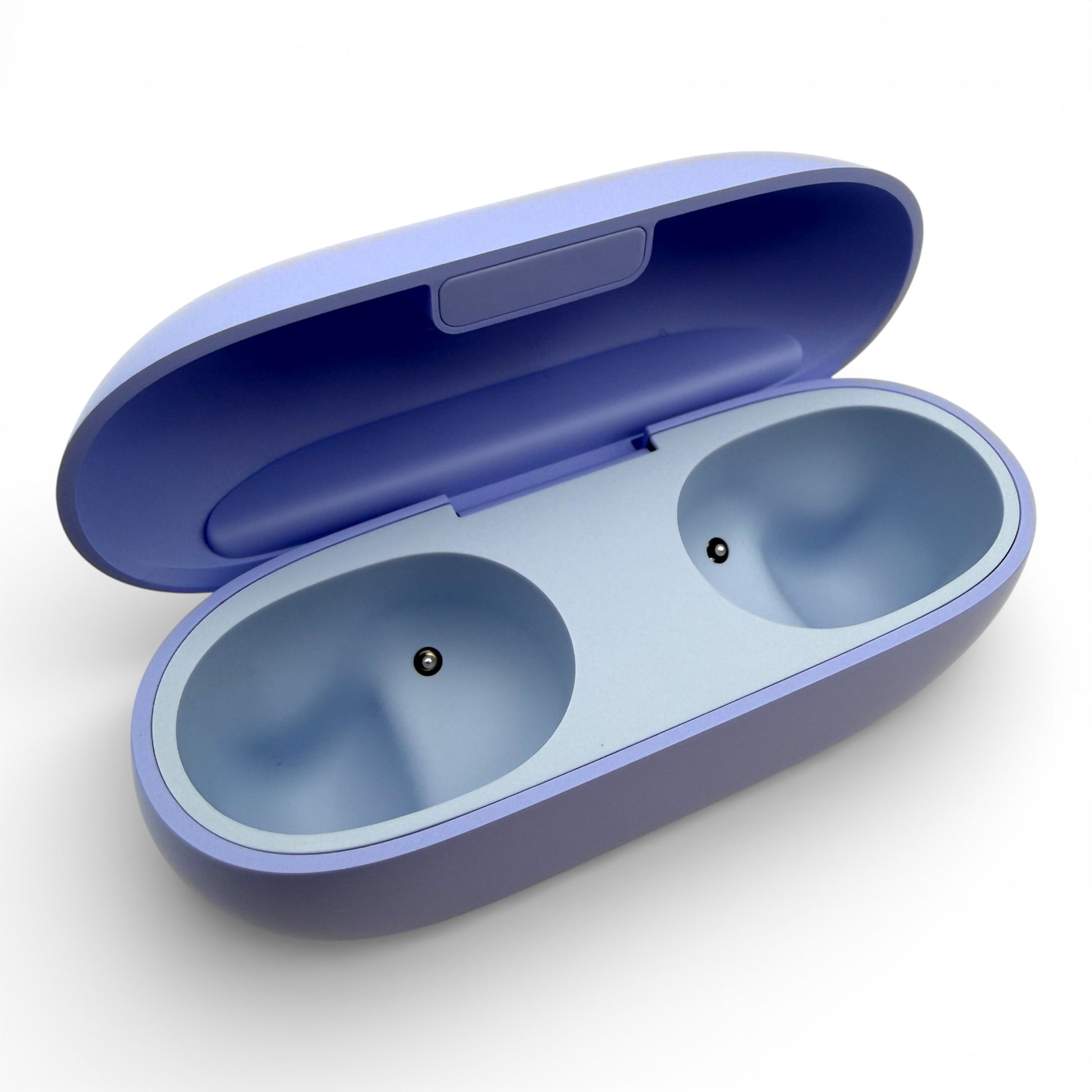 Beats Solo Buds charging case in purple, open showing the two empty earbud charging bays