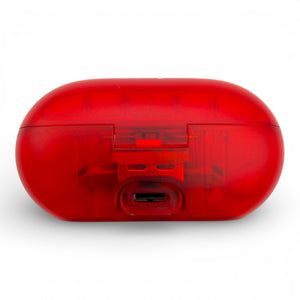 Beats Solo Buds charging case in red, back view showing the USB-C charging port