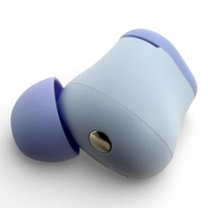 Left replacement Beats Solo Buds earbud in purple, back view showing the charging contact and ear tip