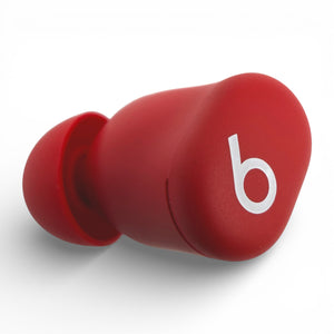 Left replacement Beats Solo Buds earbud in red, angled front view showing the logo and ear tip