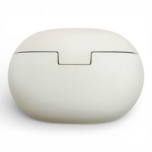 Beats Studio Buds charging case in white, back view showing the hinge seam