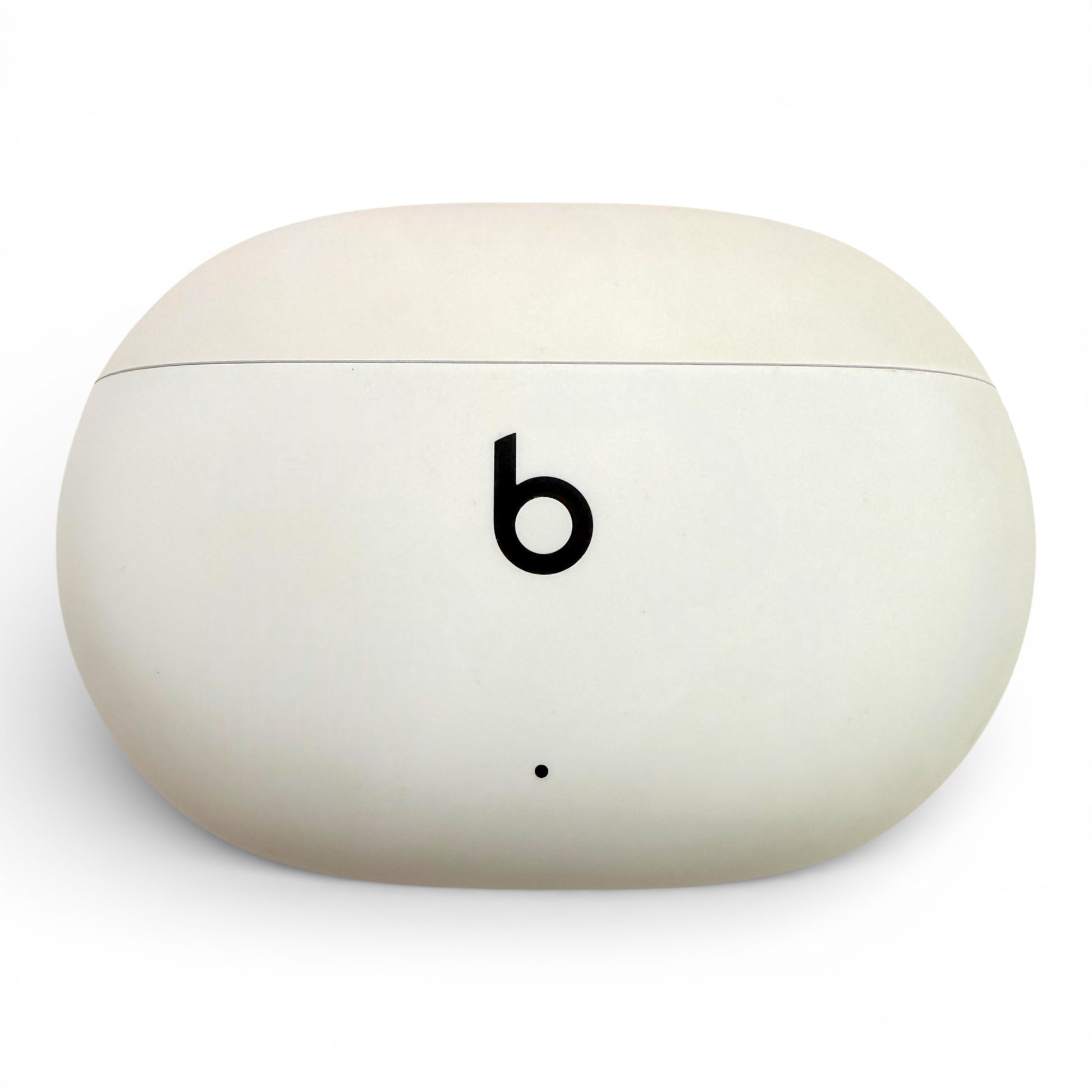 Beats Studio Buds charging case in white, closed front view with logo