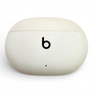 Beats Studio Buds charging case in white, closed front view with logo