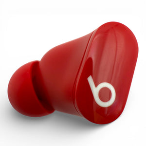 Left replacement Beats Studio Buds earbud in red, glossy front view showing the logo and ear tip