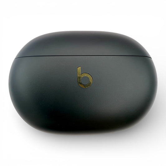 Beats Studio Buds+ charging case in black, closed front view showing the logo
