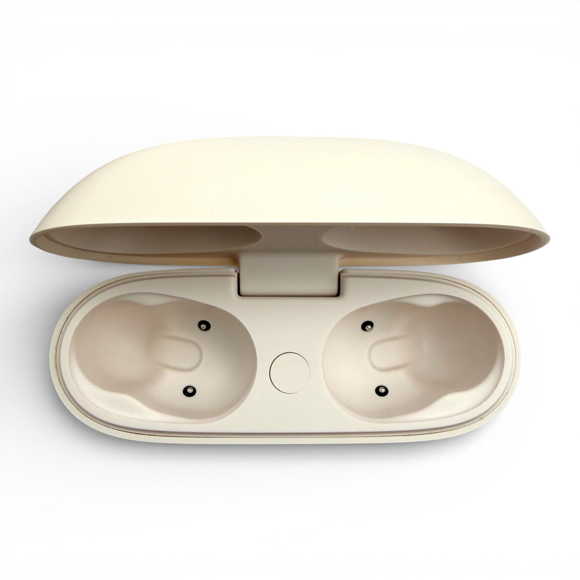 Beats Studio Buds+ charging case in ivory, open lid revealing two empty earbud slots