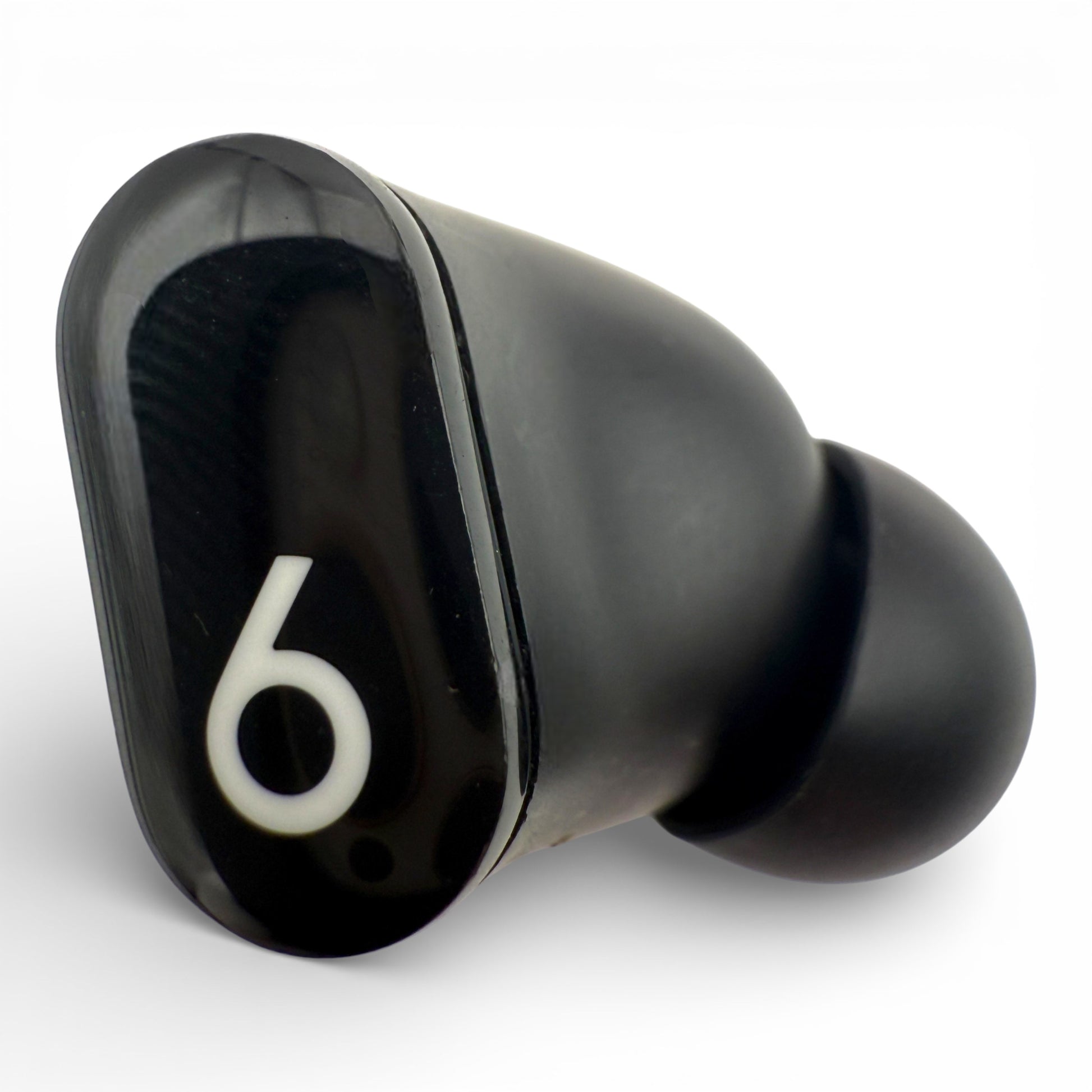 Right replacement Beats Studio Buds earbud in black, front view showing the glossy logo