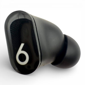 Right replacement Beats Studio Buds earbud in black, front view showing the glossy logo