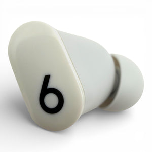 Right replacement Beats Studio Buds earbud in white, front view showing the glossy logo