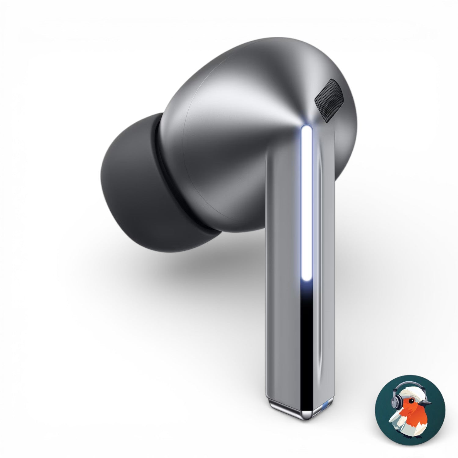 Left replacement Samsung Galaxy Buds3 Pro earbud in silver, side view showing LED indicator and ear tip