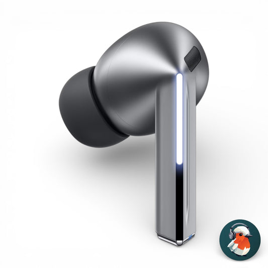 Left replacement Samsung Galaxy Buds3 Pro earbud in silver, side view showing LED indicator and ear tip