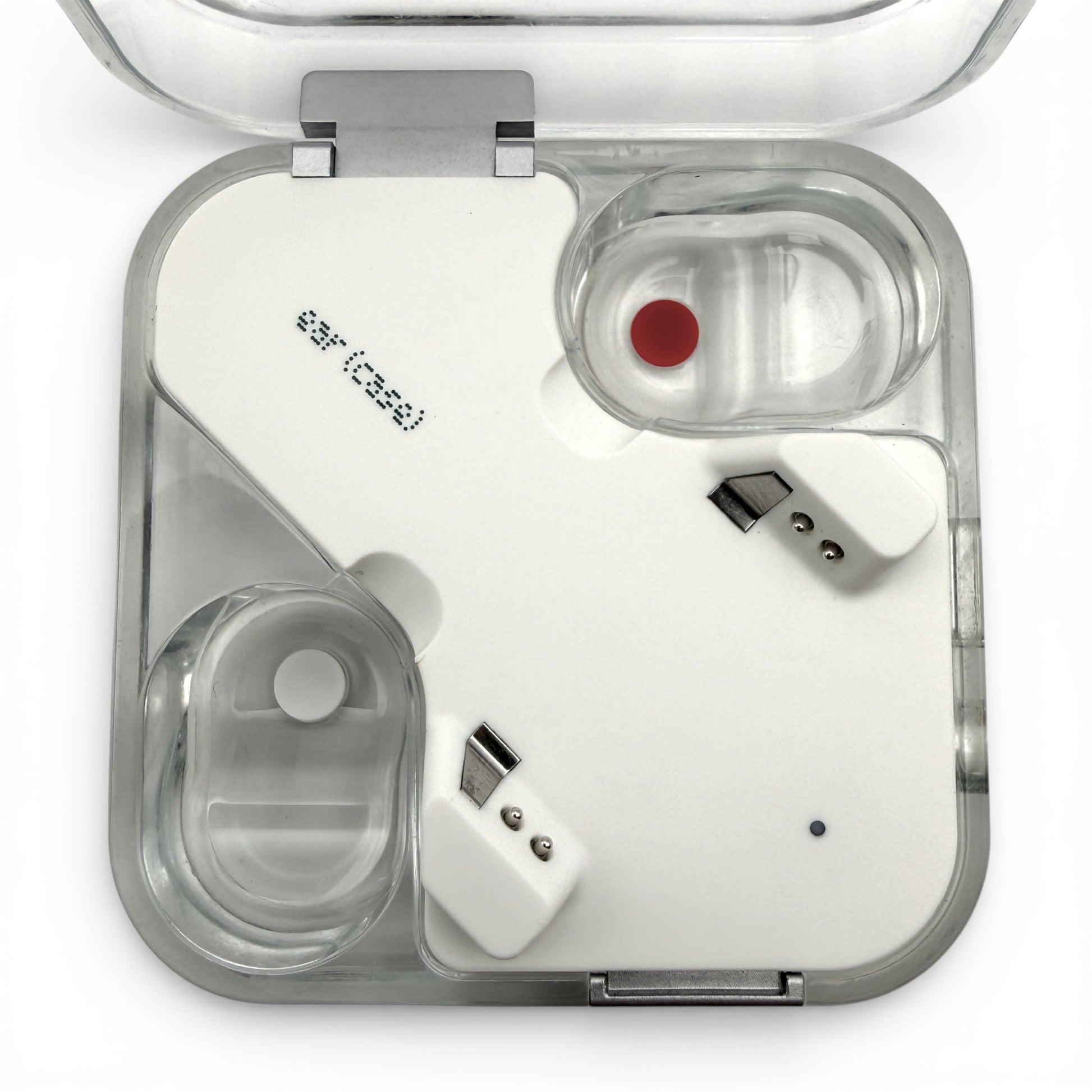 Nothing ear (2) charging case in white, open showing the earbud cavities and USB-C port