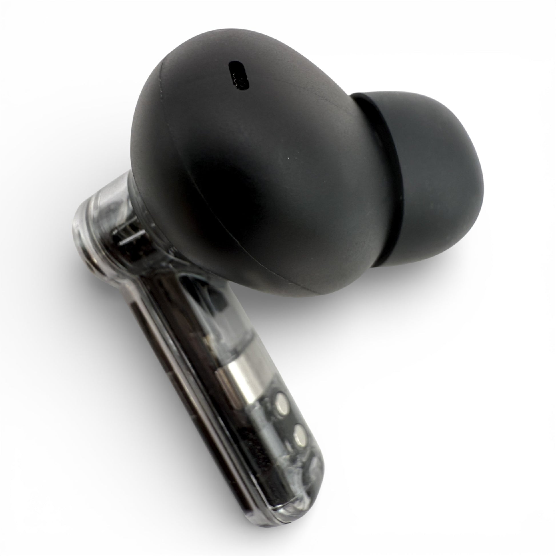 Left Nothing ear (2) earbud in black, back view showing the rounded shell and edge of the transparent stem
