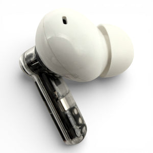 Left Nothing ear (2) earbud in white, back view showing the rounded shell and edge of the transparent stem