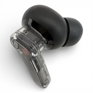 Right replacement Nothing ear (2) earbud in black, front view showing stem controls and ear tip