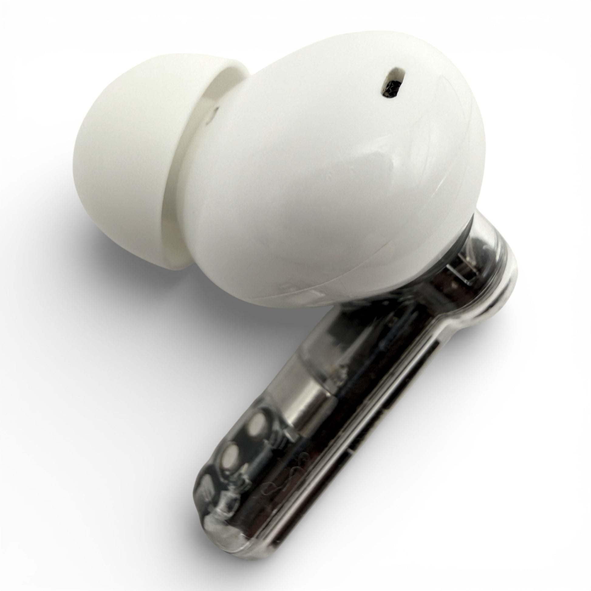 Right replacement Nothing ear (2) earbud in white, back view of the glossy housing