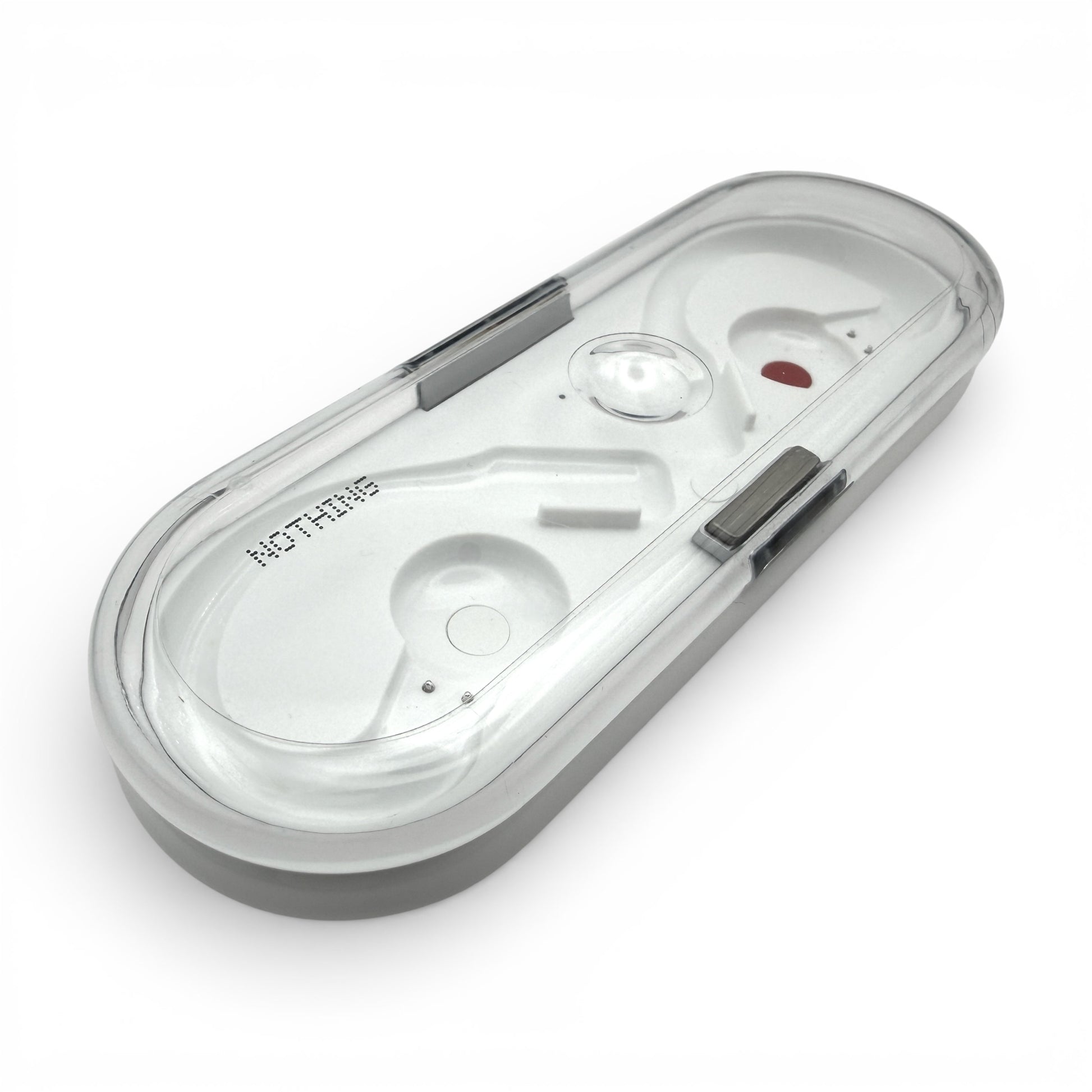 Nothing ear (open) charging case, closed, angled top view showing the indicator window