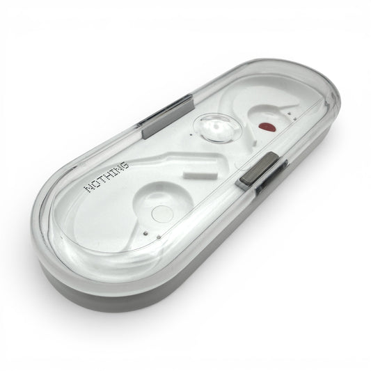 Nothing ear (open) charging case, closed, angled top view showing the indicator window