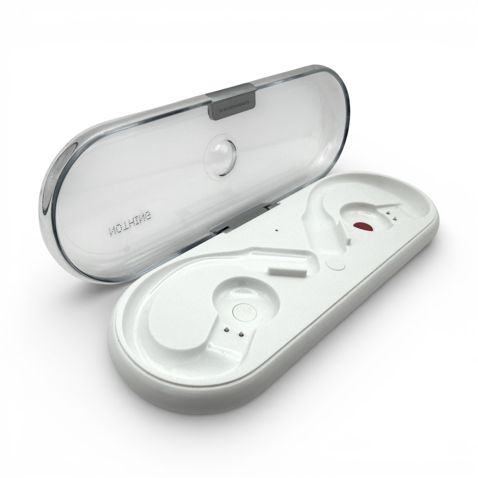 Nothing ear (open) charging case open, showing the earbud resting in the tray with charging pins