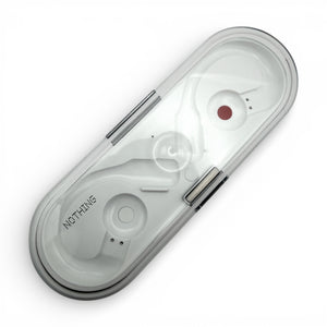 Nothing ear (open) charging case opened flat, top-down view of the tray and charging pins