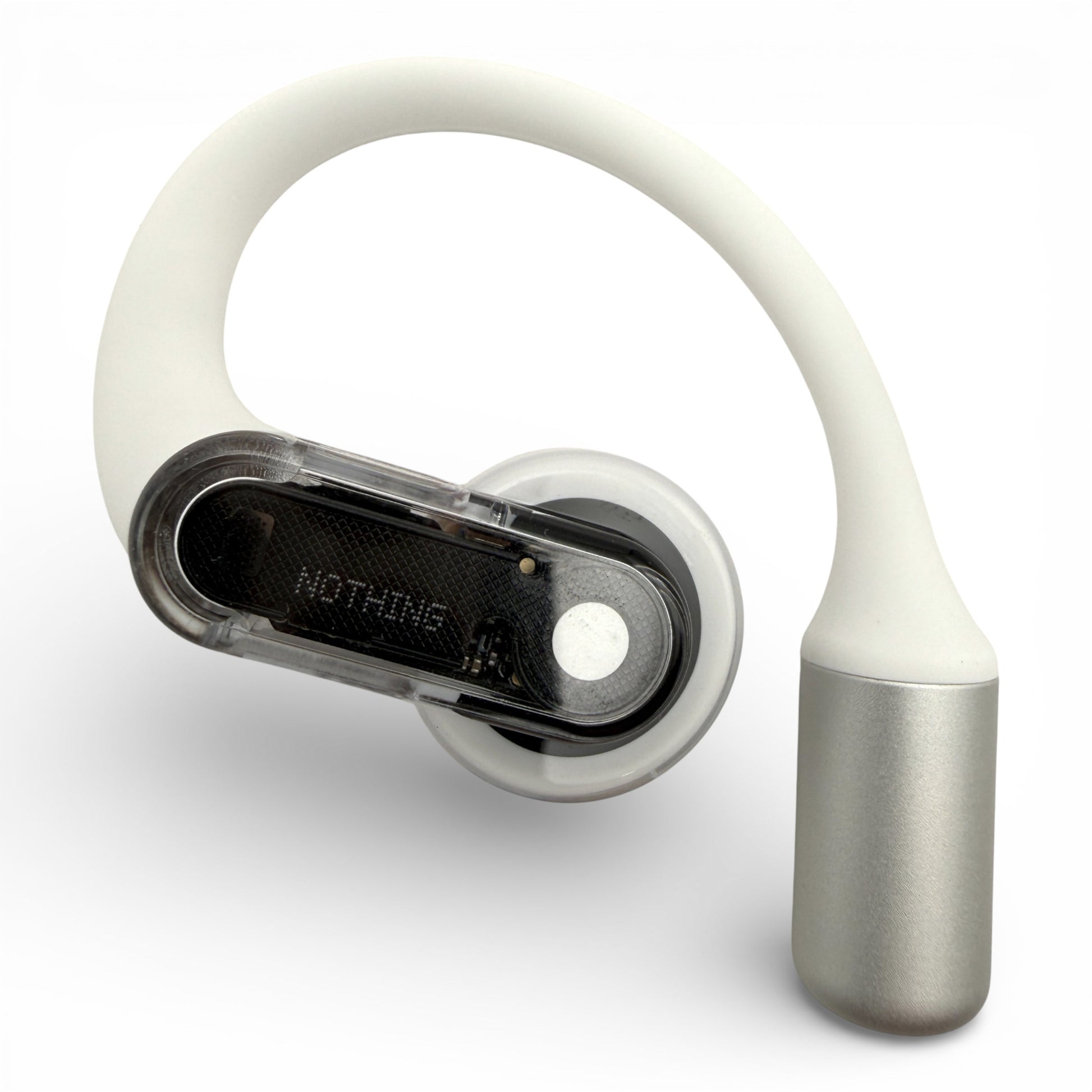 Left replacement Nothing ear (open) earbud, front view showing the NOTHING logo and clear module