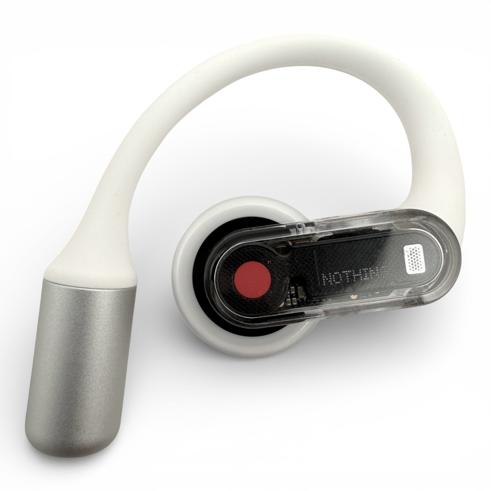 Right replacement Nothing ear (open) earbud, front view showing control panel and charging pin