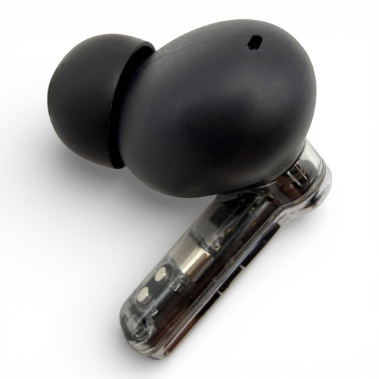 Right replacement Nothing ear earbud in black, back view showing the glossy dome and ear tip attached
