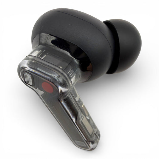 Right replacement Nothing ear earbud in black, front view showing the stem, microphone dot and ear tip