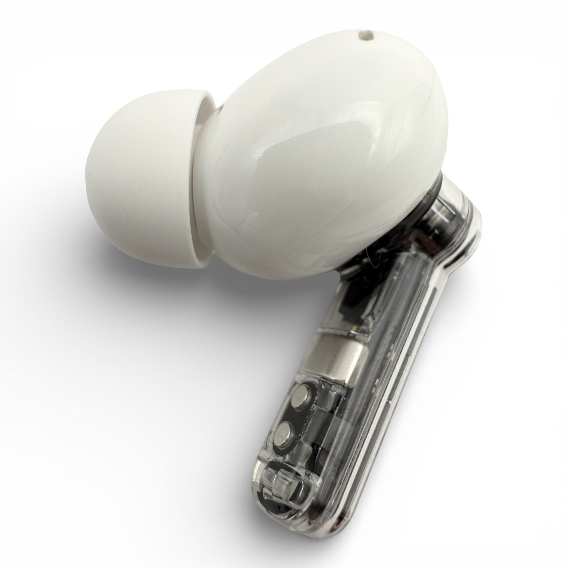 Right replacement Nothing ear earbud in white, back view showing the glossy dome and ear tip attached