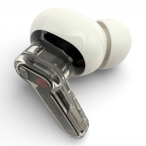 Right replacement Nothing ear earbud in white, front view showing the stem, microphone dot and ear tip