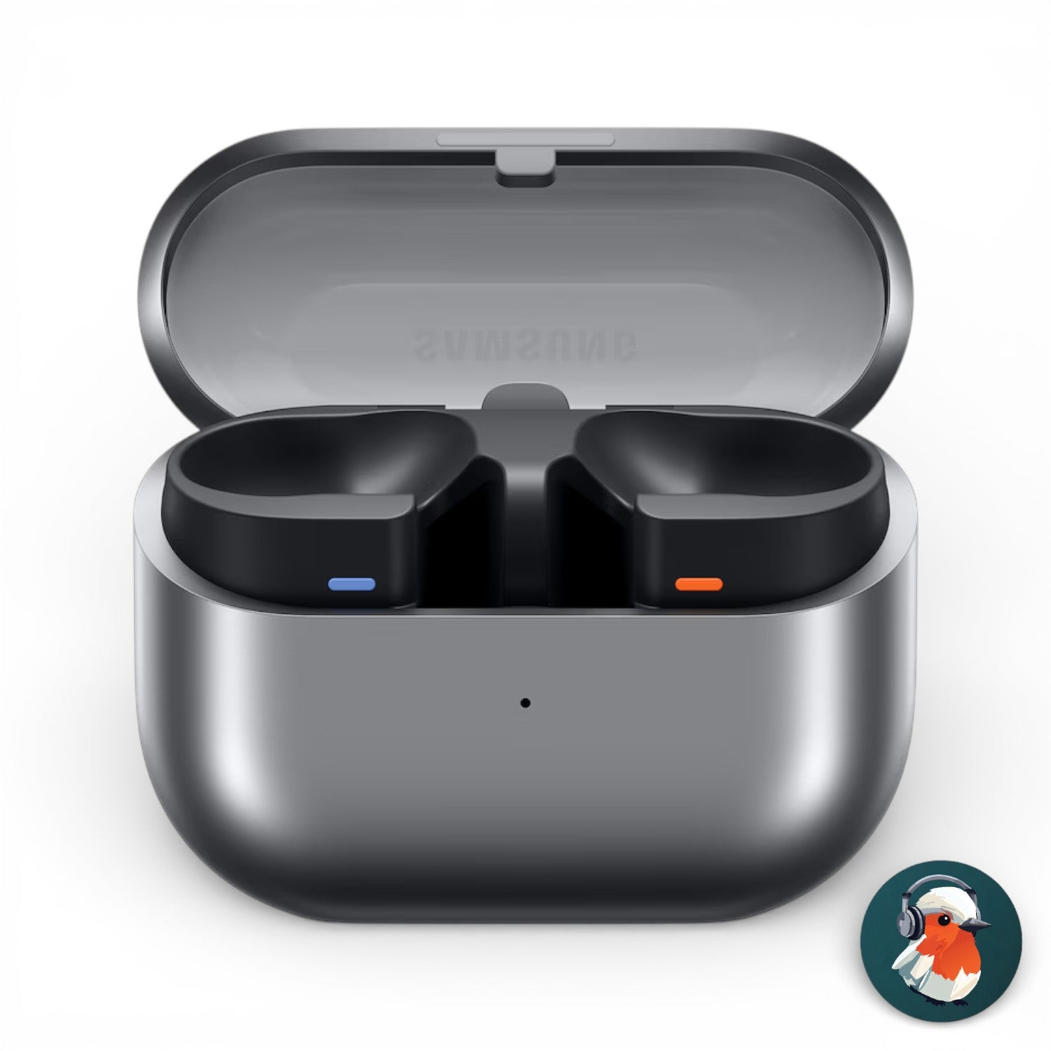 Samsung Galaxy Buds3 Pro charging case in silver, open showing empty earbud slots